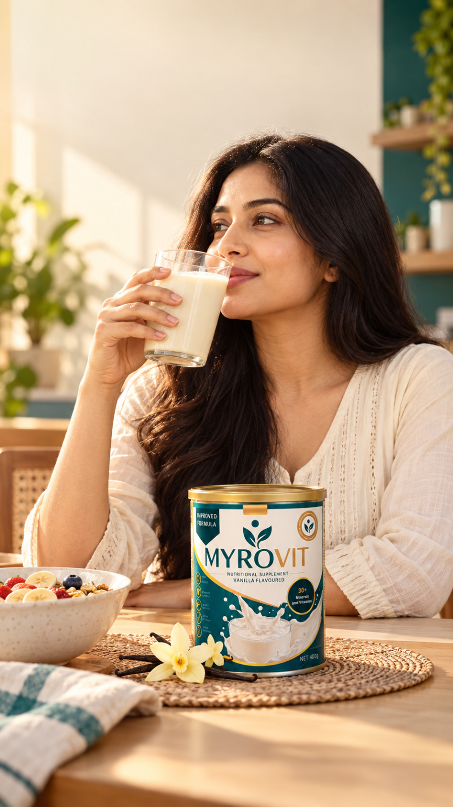 MYROVIT lifestyle image with a glass of milk